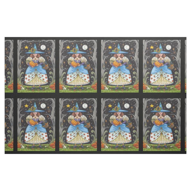 FOLK ART WITCH IN SPOOKY WOODS, BLACK CAT & OWL FABRIC (Fat Quarter)