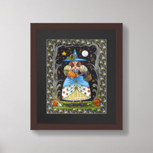 FOLK ART WITCH IN SPOOKY WOODS, BLACK CAT & OWL FRAMED ART