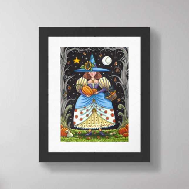 FOLK ART WITCH IN SPOOKY WOODS, BLACK CAT & OWL FRAMED ART (Framed Front)