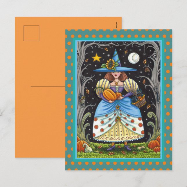 FOLK ART WITCH IN SPOOKY WOODS, BLACK CAT & OWL HOLIDAY POSTCARD (Front/Back)