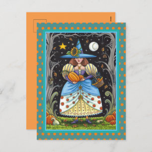 FOLK ART WITCH IN SPOOKY WOODS, BLACK CAT & OWL HOLIDAY POSTCARD