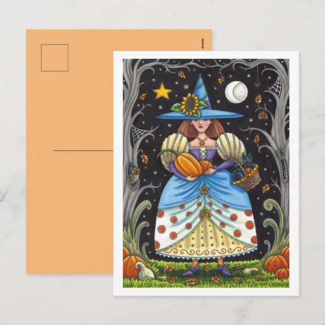 FOLK ART WITCH IN SPOOKY WOODS, BLACK CAT & OWL  HOLIDAY POSTCARD (Front/Back)