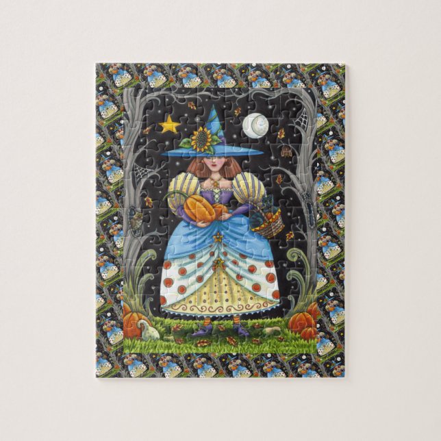 FOLK ART WITCH IN SPOOKY WOODS, BLACK CAT & OWL JIGSAW PUZZLE (Vertical)