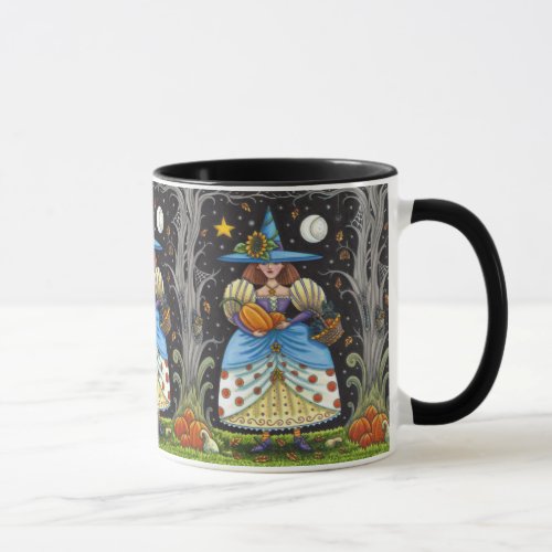 FOLK ART WITCH IN SPOOKY WOODS BLACK CAT  OWL MUG