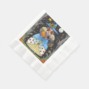 FOLK ART WITCH IN SPOOKY WOODS, BLACK CAT & OWL NAPKINS