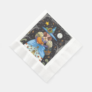 FOLK ART WITCH IN SPOOKY WOODS, BLACK CAT & OWL NAPKINS