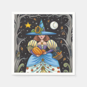 FOLK ART WITCH IN SPOOKY WOODS, BLACK CAT & OWL NAPKINS