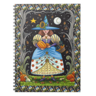 FOLK ART WITCH IN SPOOKY WOODS, BLACK CAT & OWL NOTEBOOK