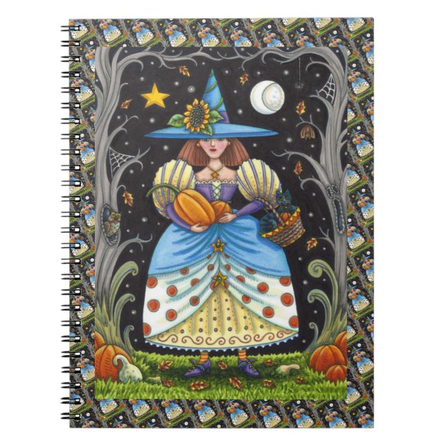 FOLK ART WITCH IN SPOOKY WOODS, BLACK CAT & OWL NOTEBOOK (Front)