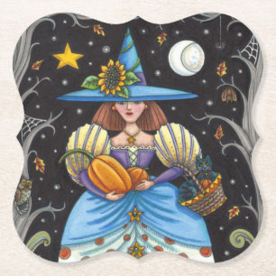 FOLK ART WITCH IN SPOOKY WOODS, BLACK CAT & OWL PAPER COASTER
