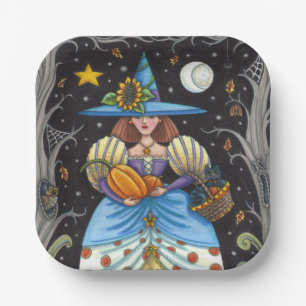 FOLK ART WITCH IN SPOOKY WOODS, BLACK CAT & OWL PAPER PLATES
