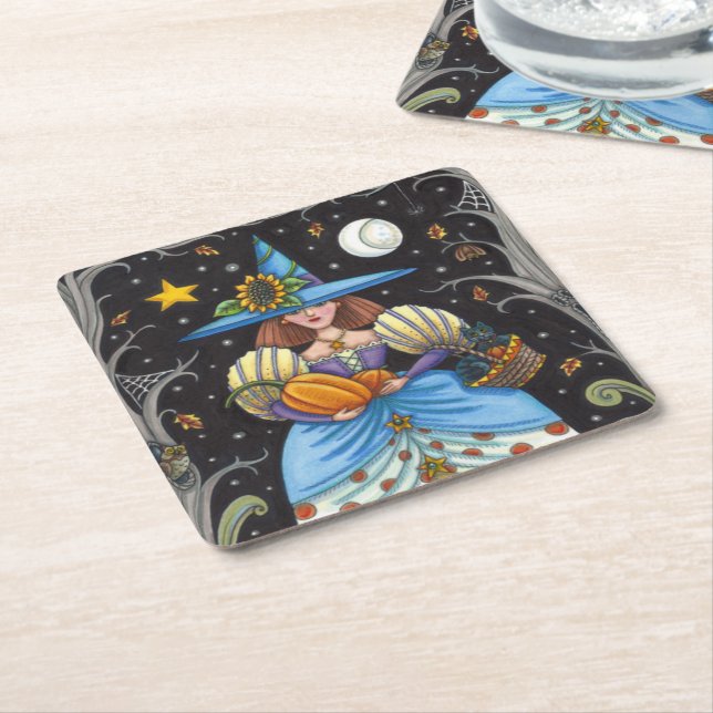 FOLK ART WITCH IN SPOOKY WOODS, BLACK CAT & OWL SQUARE PAPER COASTER (Angled)