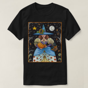 FOLK ART WITCH IN SPOOKY WOODS, BLACK CAT & OWL T-Shirt