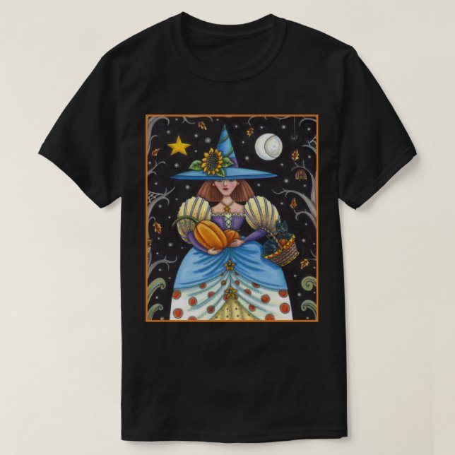 FOLK ART WITCH IN SPOOKY WOODS, BLACK CAT & OWL T-Shirt (Design Front)