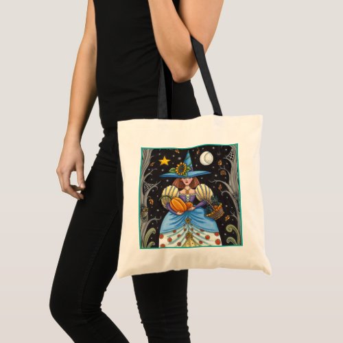 FOLK ART WITCH IN SPOOKY WOODS BLACK CAT  OWL TOTE BAG