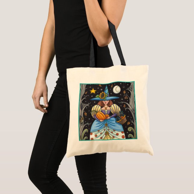 FOLK ART WITCH IN SPOOKY WOODS, BLACK CAT & OWL TOTE BAG (Front (Product))