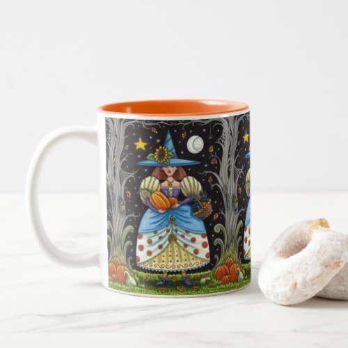 FOLK ART WITCH IN SPOOKY WOODS BLACK CAT  OWL Two_Tone COFFEE MUG