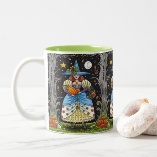 FOLK ART WITCH IN SPOOKY WOODS BLACK CAT  OWL Two_Tone COFFEE MUG