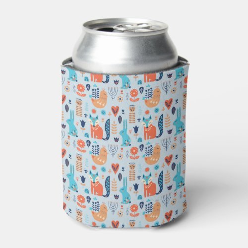 Folk Art Woodland Animal Pattern Can Cooler