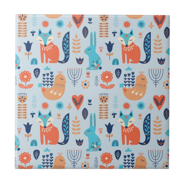 Folk Art Woodland Animal Pattern Ceramic Tile (Front)