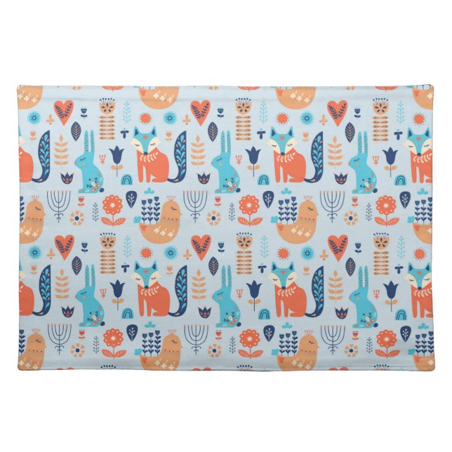 Folk Art Woodland Animal Pattern Cloth Placemat (Front)