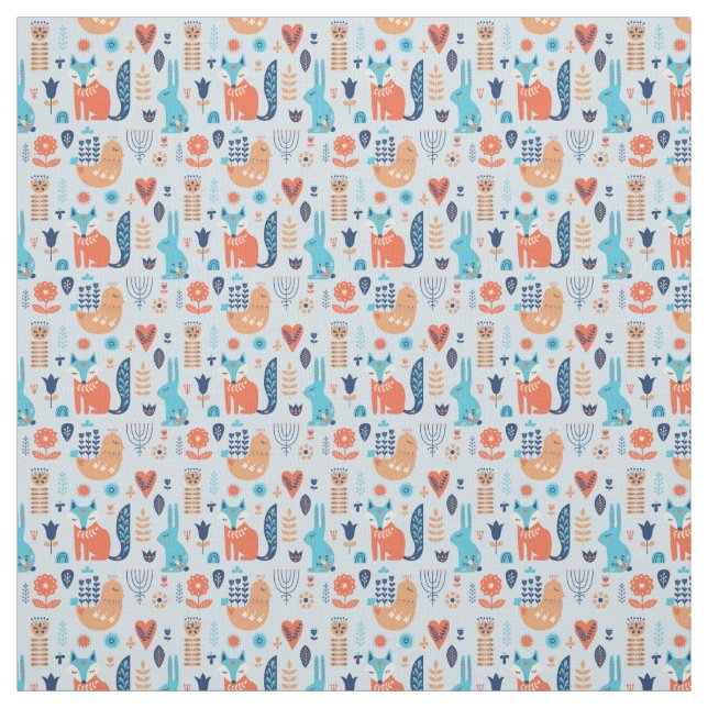 Folk Art Woodland Animal Pattern Fabric (Swatch)