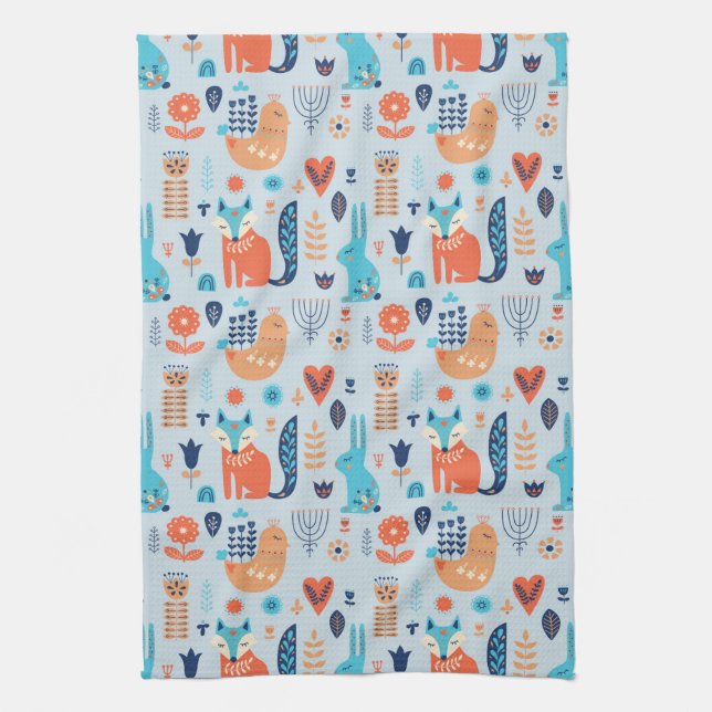 Folk Art Woodland Animal Pattern Kitchen Towel (Vertical)