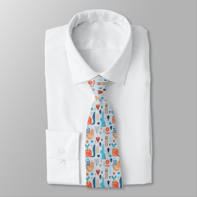 Folk Art Woodland Animal Pattern Neck Tie (Tied)