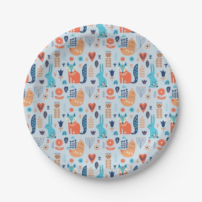 Folk Art Woodland Animal Pattern Paper Plates (Front)