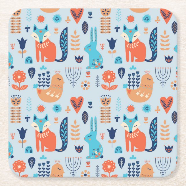 Folk Art Woodland Animal Pattern Square Paper Coaster (Front)
