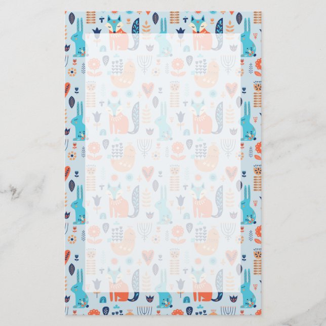 Folk Art Woodland Animal Pattern Stationery (Front)