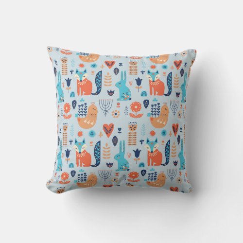 Folk Art Woodland Animal Pattern Throw Pillow