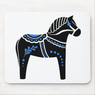 Folk black/white/blue Dala horse, Folk Friesian Mouse Pad