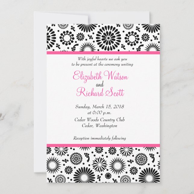 Folk Black White Flowers Boho Wedding Invitation (Front)