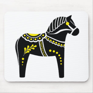 Folk black/white/yellow  Dala horse, Folk Friesian Mouse Pad