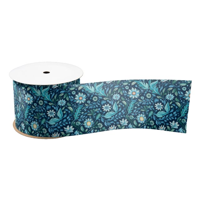 Folk blue green ethnic festive floral satin ribbon (Spool)