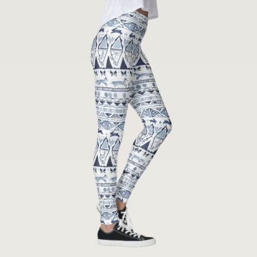 Folk Blue Woodland Animal Fox Rabbit Ikat Pattern Leggings