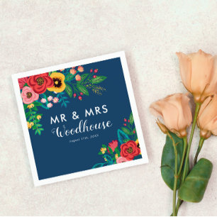 Folk Bouquet - Blue Boho Mr & Mrs Wedding Paper Napkins