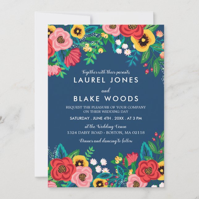 Folk Bouquets - Deep Blue & Red Boho Wedding Invitation (Front)