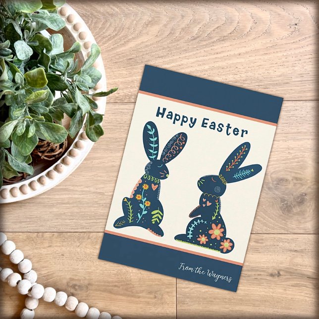 Folk Bunnies Navy Floral Happy Easter Custom Card (Creator Uploaded)