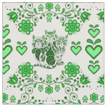 Folk cat/flowers/heart calico cats, green prints 4 fabric