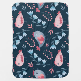 Folk Chickens: Watercolor Seamless Pattern. Baby Blanket