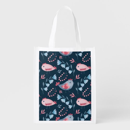 Folk Chickens Watercolor Seamless Pattern Grocery Bag