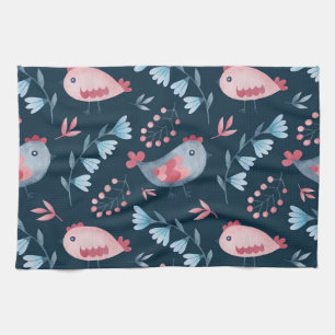 Folk Chickens: Watercolor Seamless Pattern. Kitchen Towel