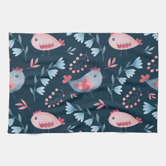 Folk Chickens: Watercolor Seamless Pattern. Kitchen Towel (Horizontal)