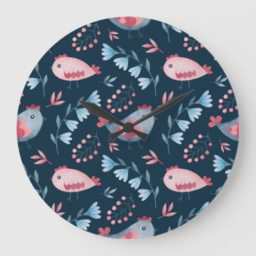 Folk Chickens Watercolor Seamless Pattern Large Clock
