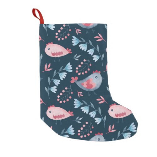 Folk Chickens Watercolor Seamless Pattern Small Christmas Stocking