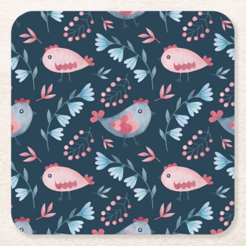 Folk Chickens Watercolor Seamless Pattern Square Paper Coaster