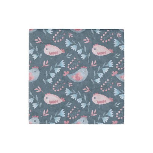 Folk Chickens Watercolor Seamless Pattern Stone Magnet