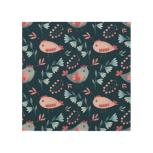 Folk Chickens: Watercolor Seamless Pattern. Wood Wall Art
